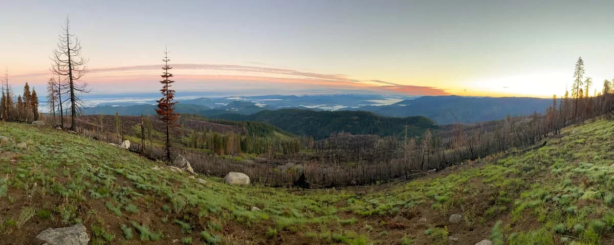 Sunset over the western Klamath Mountains from the Trinity Alps Wilderness Area near Red Cap Prairie